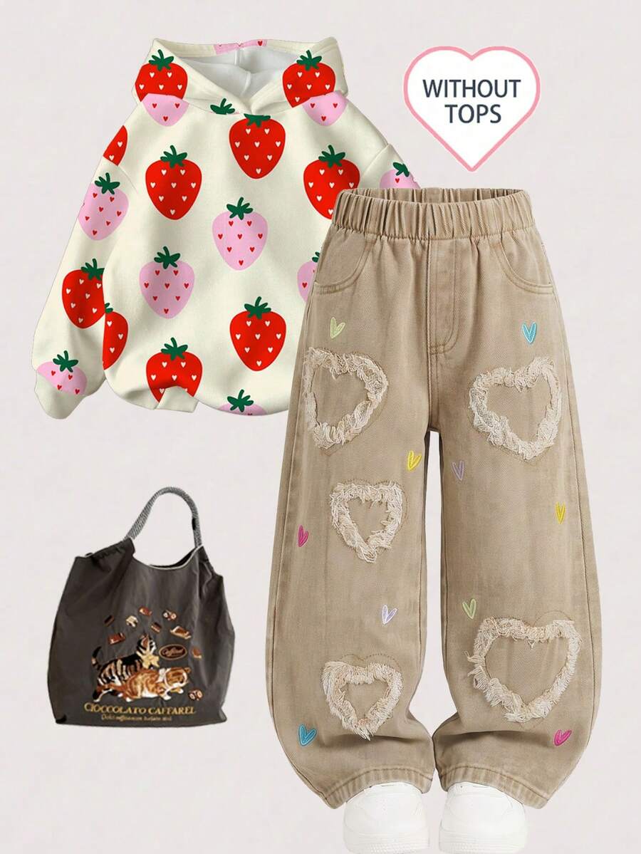 1pc Girls Heart Embroidered Frayed Hem Wide Leg Denim Jeans, Elastic Waist Loose Casual Long Pants, Sweet Fashion Style - Khaki - View 1