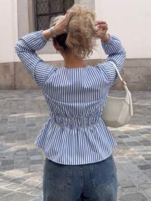 Striped Smocked Waist Peplum Top, Tie Front Long Sleeve Blouse, Fall Outfit For Women - Multicolor - View 3