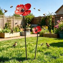 2pcs Large And Small Red Poppy Flower Garden Stakes, Outdoor Yard Art Decor, Rust-Proof Floral Ground Stakes, Suitable For Lawn, Patio, Farm Decoration - Red Poppy - View 1