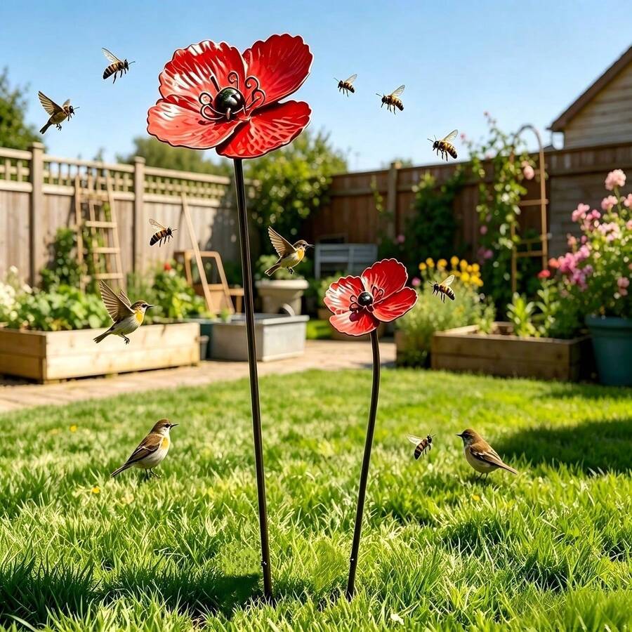 2pcs Large And Small Red Poppy Flower Garden Stakes, Outdoor Yard Art Decor, Rust-Proof Floral Ground Stakes, Suitable For Lawn, Patio, Farm Decoration - Red Poppy - View 1