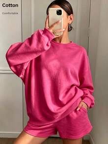 Women's Pink Rib-Knit Drop Shoulder Sweatshirt And Track Shorts Set, Casual Cute Two-Piece Outfit For Fall And Winter. - Watermelon Red - View 3