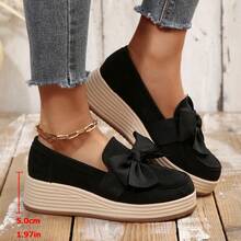Women's New Bow Suede Thick Sole Comfortable Height-Increasing Wedge Shoes Beach Bow Home - Black - View 8
