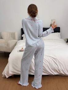 Dreamivo Women's Ruffle Trim Playful Elegant Loungewear Set, Cherry Striped Print Long Sleeve & Long Pants Contrast Color Pajama Set - Baby Blue - View 2