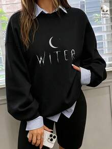 Oversized Women's Sweatshirt For Autumn/Winter, Casual Daily Wear, Long Sleeve Hoodie, Outerwear Top, Y2K, Letter Slogan Graphic, Unisex,Black - Black - View 4