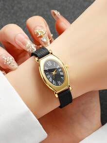 Women's Gift Watch With Embossed PU Leather Strap, Oval Roman Numeral Dial, Luxury Niche Wristwatch, Gift For Best Friend (1pc/Set), Watch Box Not Included - Black - View 4