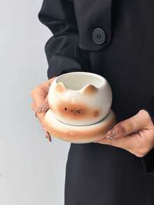 1 Set Siamese Cat Hand-Held Coffee Cup & Saucer, Niche Design Cute Cat Coffee Cup & Matching Small Round Saucer, Capacity Perfect For Arabic Coffee, Afternoon Tea, Gift - Multicolor - View 12