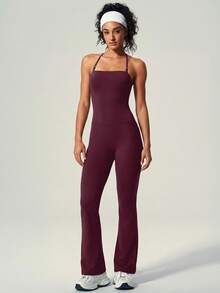 UONNOU Peach Butt-Lifting Flare Leg Jumpsuit, Halter Square Neck Backless Yoga Jumpsuit - Burgundy - View 7