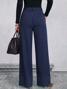 Women's Classic Blue Fine Vertical Striped Wide Leg Pants, Pocket Exquisite Casual Style Office Daily Wear Bottoms - Dark Wash - View 2