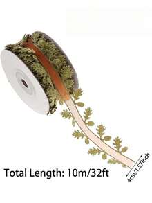 1捲32.81英吋綠葉蕾絲緞帶，逼真葉脈紋理柔軟布料手工緞帶，綠色與棕色緞帶裝飾，適用於禮物包裝、聖誕裝飾、DIY手工、生日、婚禮裝飾，耐用且多用途 - 彩色 - 查看 4