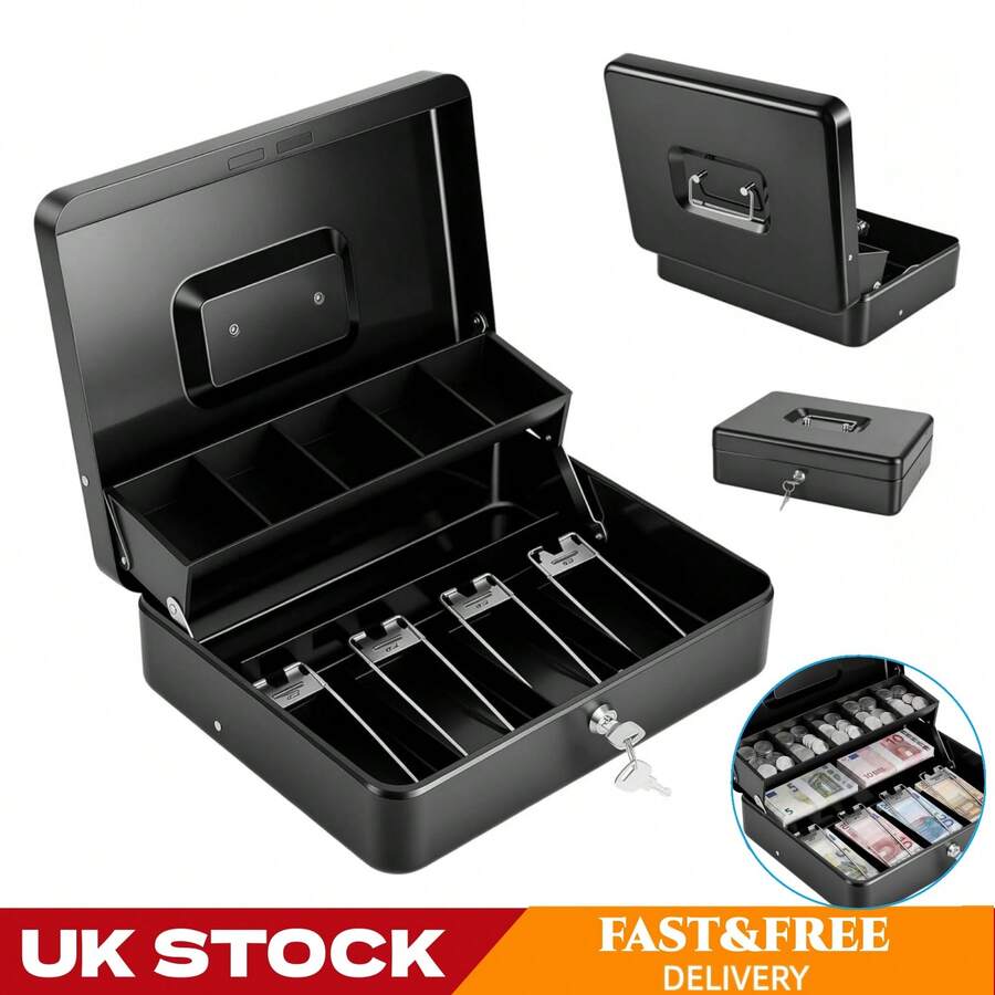 Lockable Cash Box With 2 Keys, Galvanised Steel Money Box, 5 Coin Compartments & 4 Banknote Holders, Portable Secure Money Storage Box For Business Market Household, Black - Cash Box - View 1