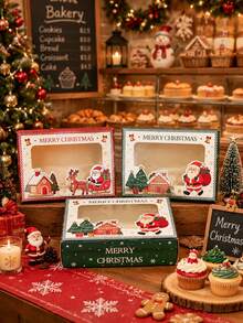 6pcs/12pcs/24pcs Christmas Window Gift Boxes, Santa Claus Pattern Paper Boxes, Holiday Favor Packaging Boxes, Suitable For Cookies, Snowflake Crisps, Nougat, Candy, Baking Gifts - View 3
