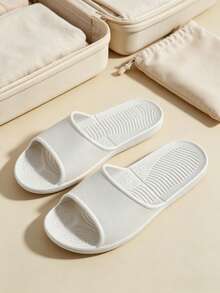 Women's Shower Shoes Home Slippers, Hollow Water-Draining Massage Slides, Cream White EVA Soft Lightweight Quiet Minimalist INS Style For Bathroom, Shower, Home, Hotel - White - View 2