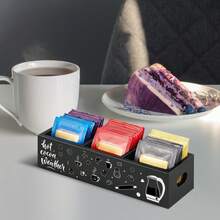 1pc Wooden Coffee & Tea Storage Box With 3 Compartments - Printed Design - Multi-Functional, Non-Waterproof, Rectangular Storage Box No Power Required, For Organizing & Storage. - Multicolor - View 3