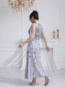 JINLICX Silver Beaded Light Grey Tassel Sleeve Evening Maxi Dress - Grey - View 6