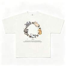 Casual Cotton Loose Fit Tee, Adorable Circle Animal Collage With Star & Text Print Short Sleeve Top For Airport Outing - White - View 2