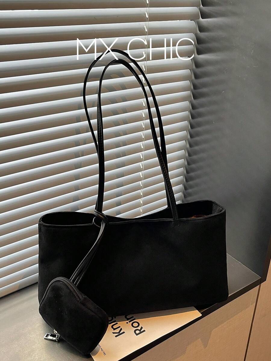 1件高級布料肩背包,大容量通勤工作購物托特包,極簡百搭女款手提包 - 黑色 - 查看 1