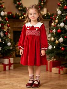 Girls' Red Christmas Peter Pan Collar Long Sleeve Dress, Spring/Autumn Princess Party Dress For Young Girl - Red - View 2