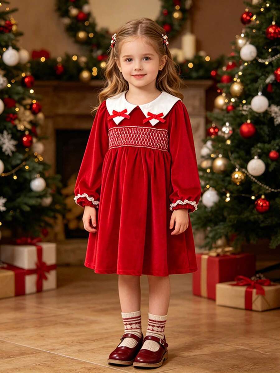 Girls' Red Christmas Peter Pan Collar Long Sleeve Dress, Spring/Autumn Princess Party Dress For Young Girl