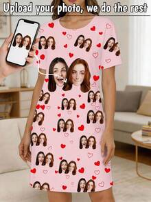 Customized Face Photo Nightgown, Personalized Short Sleeve Loose Fit Nightgown, Red Heart Print, Novelty Customized Gift Homewear For Women - Multicolor - View 1