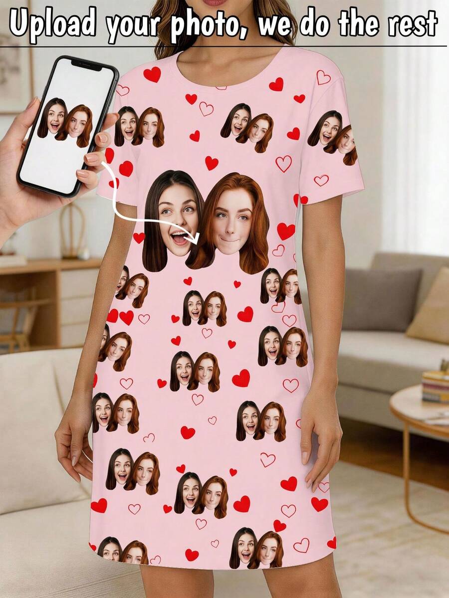 Customized Face Photo Nightgown, Personalized Short Sleeve Loose Fit Nightgown, Red Heart Print, Novelty Customized Gift Homewear For Women - Multicolor - View 1