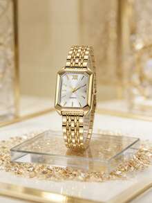 2Pcs Matching Vintage Square Quartz Watch Set For Girl & Kids Girls, Ins Style Gold Metal Band Roman Number Daily Wrist - Pink - View 5