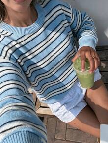 FOR BEAUTY Fall Winter Women Knit Tops Elegant Casual Vacation Light Blue Striped Round Neck Loose Sweaters Pullover Daily Outfits - Multicolor - View 4