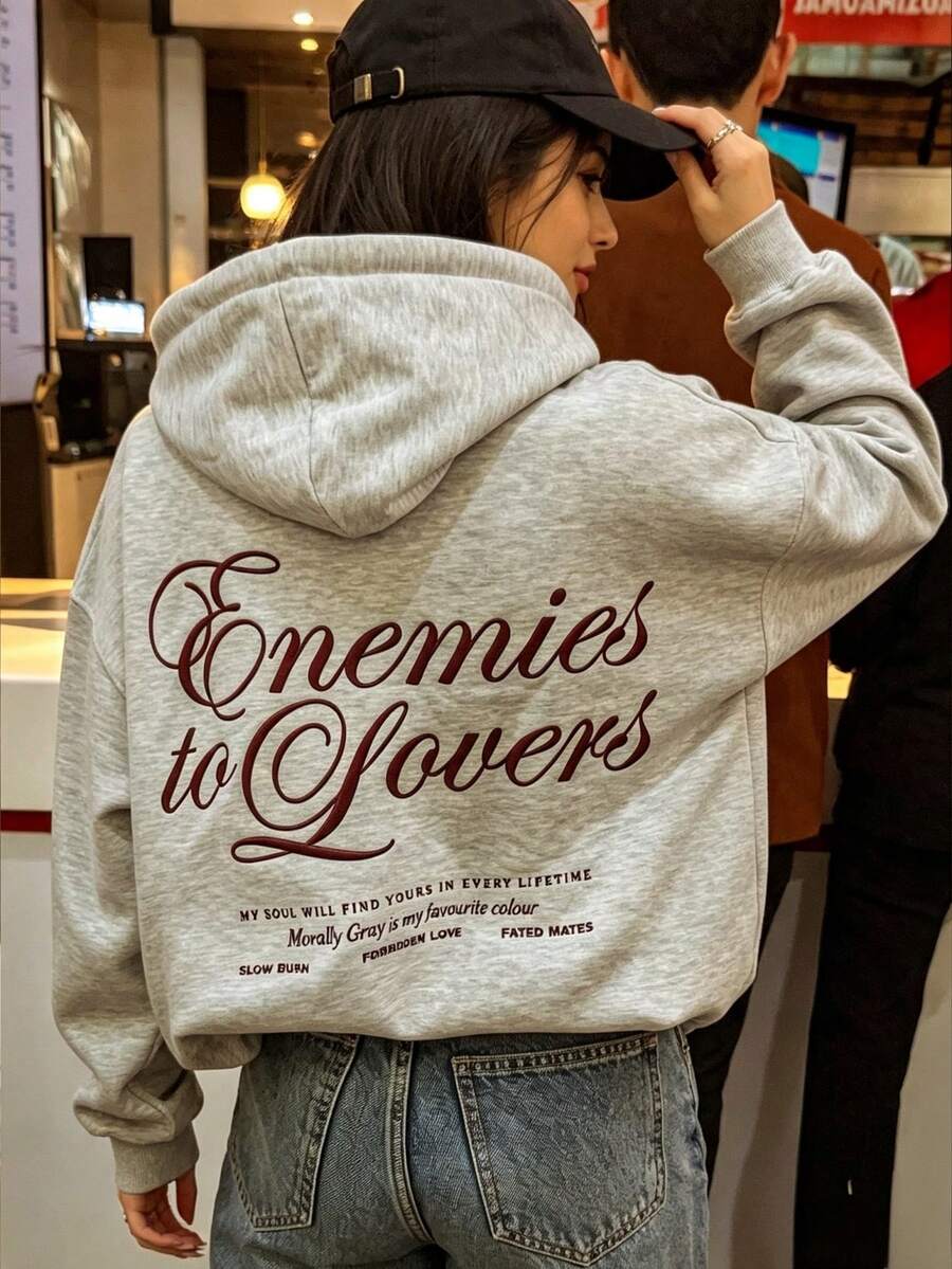 Enemies To Lo Letter Print Loose Sweatshirt Sweatshirt Women Casual Streetwear Pullover - Dark Gray - View 1