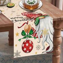 1pc Christmas Table Runner, With Deer Horn Gnome Christmas Ball Snowflake Star Print, Merry Christmas Restaurant Home Decor, Accessories Not Included - Beige - View 3