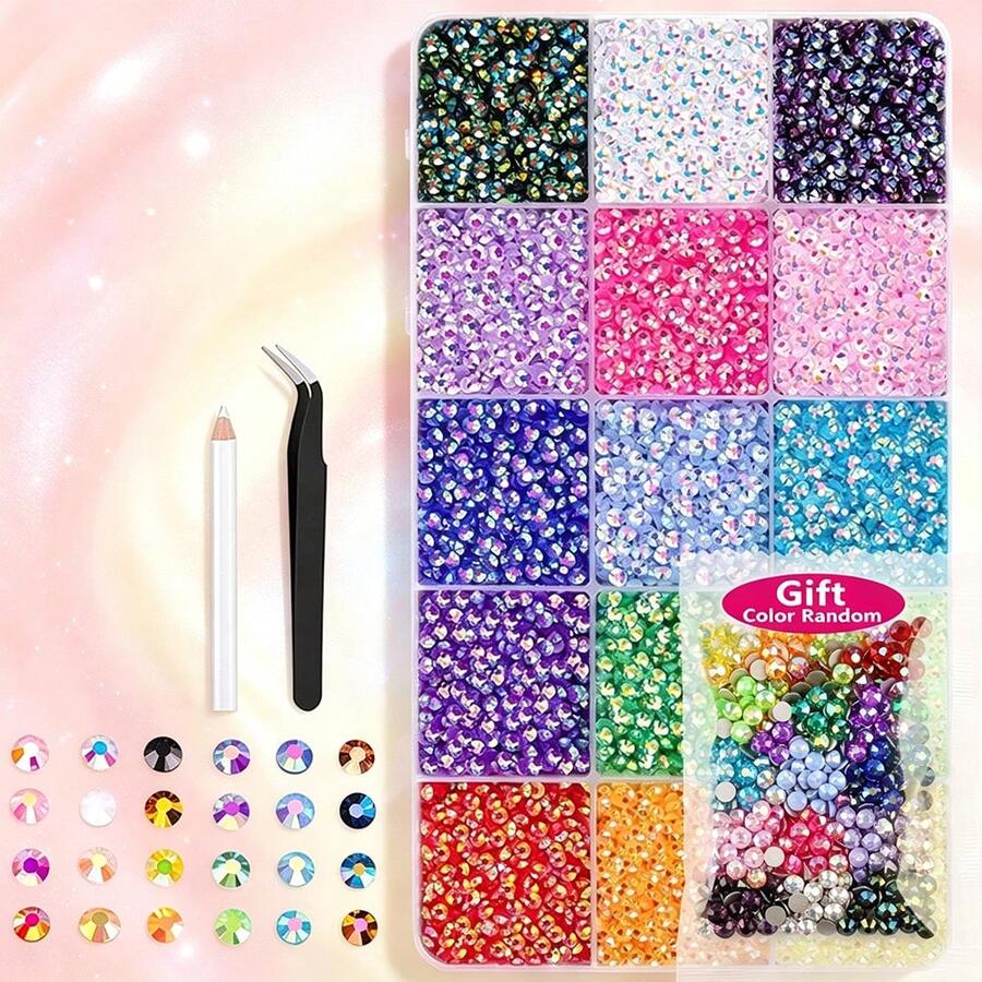 15-Grid 3/4/5mm AB Colored Resin Flat Back Rhinestone Bedazzling Kit With Dotting Pen And Tweezers, Acrylic Jelly Rhinestones For DIY Clothing, Mug, Phone, Craft, Art And Handmade Diamond Painting Set - DIY Rhinestones - View 1