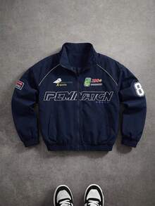 MAISONFOX Men's Casual Letter Print Long Sleeve Jacket, Spring/Autumn Streetwear Racing Jacket Motorcycle Jacket, Long Sleeve Designer Pilot Jacket - Royal Blue - View 10