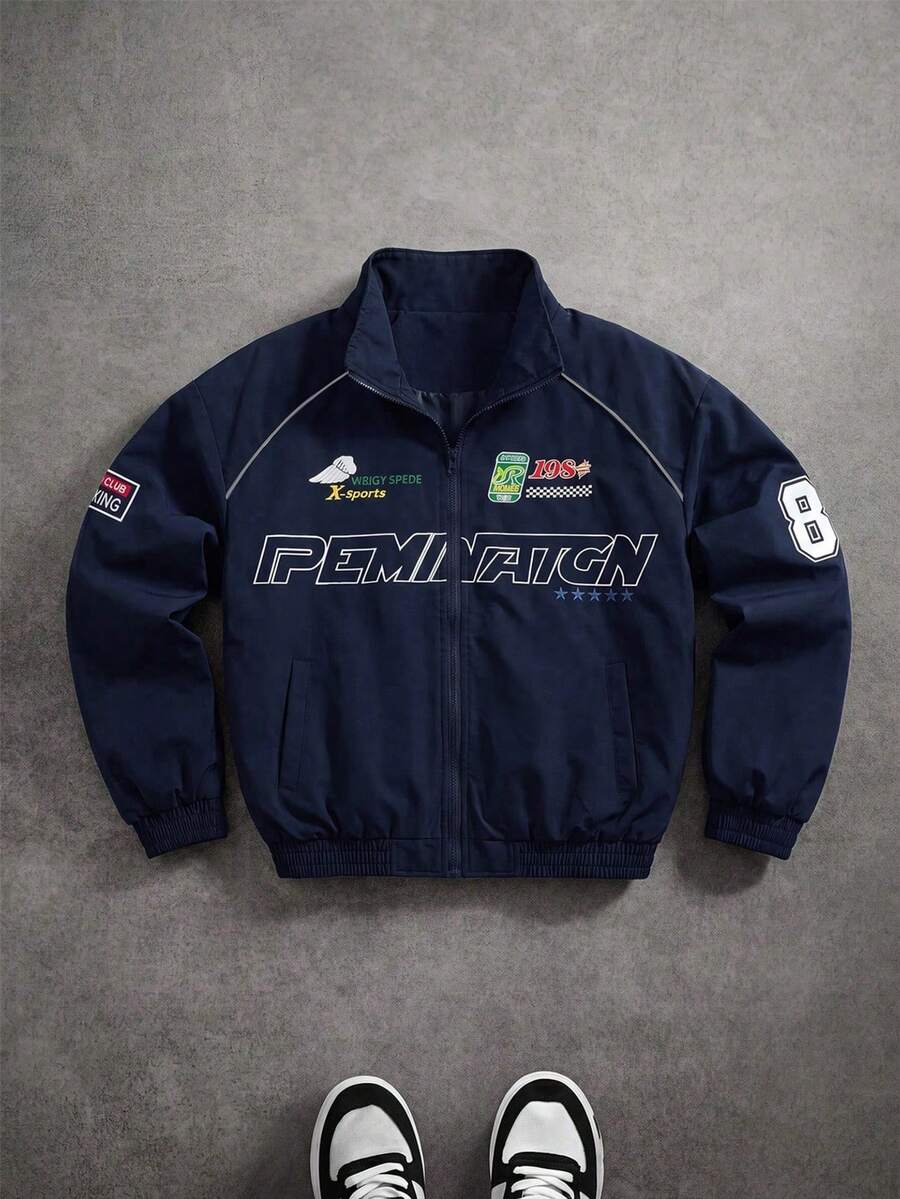 MAISONFOX Men's Casual Letter Printed Long Sleeve Jacket, Spring & Fall Going Out Street Wear Racing Jacket Biker Jacket, Race Car Driver Jacket,Bomber Jacket - Royal Blue - View 1