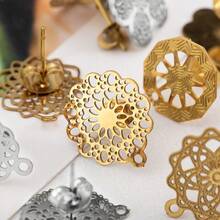 10pcs Stainless Steel Vintage Hollow Floral Pattern Gold Earring Studs Base, Suitable For DIY Jewelry Making Bohemian Style Fashion Elegant Pendant Earring Accessories - Stainless Steel Earrings - View 5