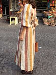 New Women's Random Striped Flowy Long Woven (No Belt) Dress, Casual Long Sleeve Button-Down Dress - Multicolor - View 8