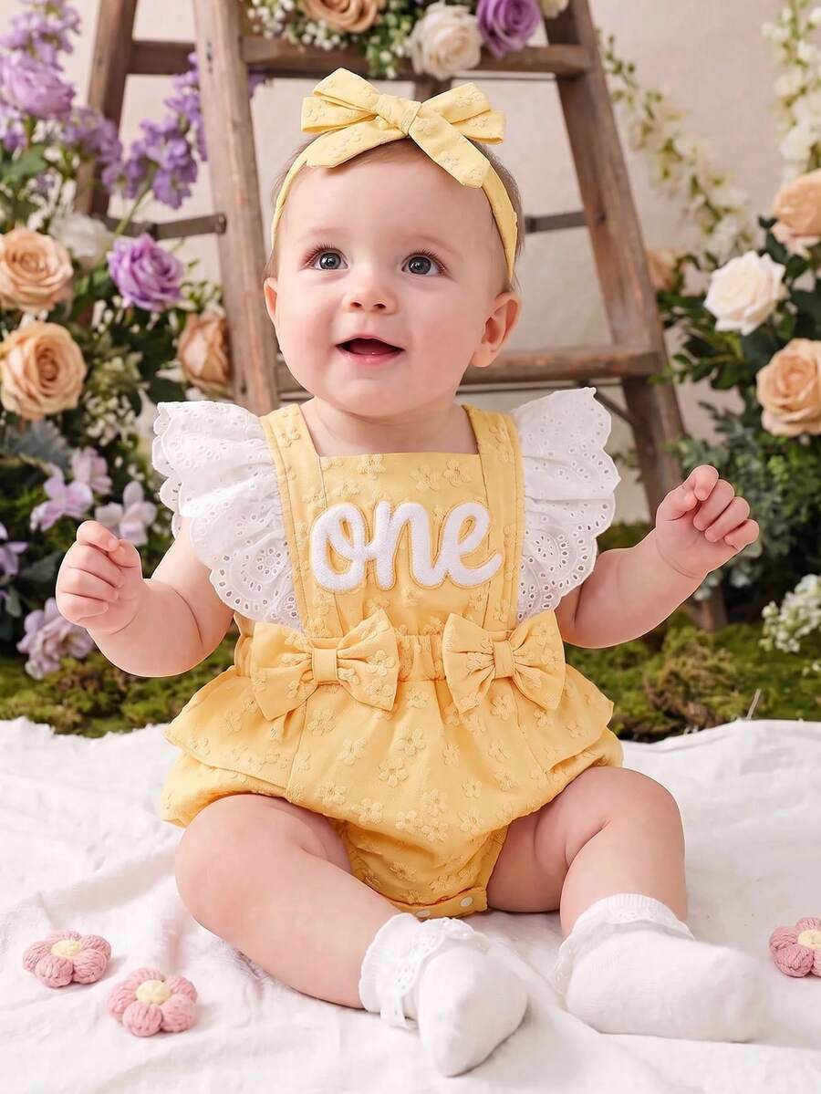 Set 2 Potong Bayi Perempuan Kasual Lucu Motif Bunga Bordir Huruf Romper dan Pita Hiasan Ruffle, Cocok untuk Pemakaian Sehari-hari dan Pesta - Kuning - View 1