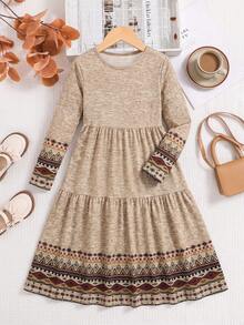Tween Girls' Bohemian Style Positioned Print Long Sleeve Long Dress, Autumn Outing First Choice, Autumn/Winter Outfit, All Seasons Available - Multicolor - View 8