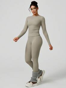 NcmRyu 一套女士弹力紧身舞蹈服健身瑜伽服，适合户外运动和春季穿着 - 灰色 - 查看 8