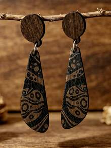 1 Pair Exotic Wooden Teardrop Earrings, Vintage Abstract Totem Bohemian Dangle Earrings - Black - View 1