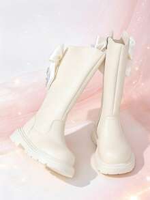 1 Pair Black High-Top Princess Boots With Bow + Rhinestone Butterfly Decor, Elastic Soft Sole Inner Zipper Design, Luxury Girly Style Long Riding Boots, Suitable For Daily Wear, School, Festivals, Parties, Autumn/Winter New Arrival - Apricot - View 5