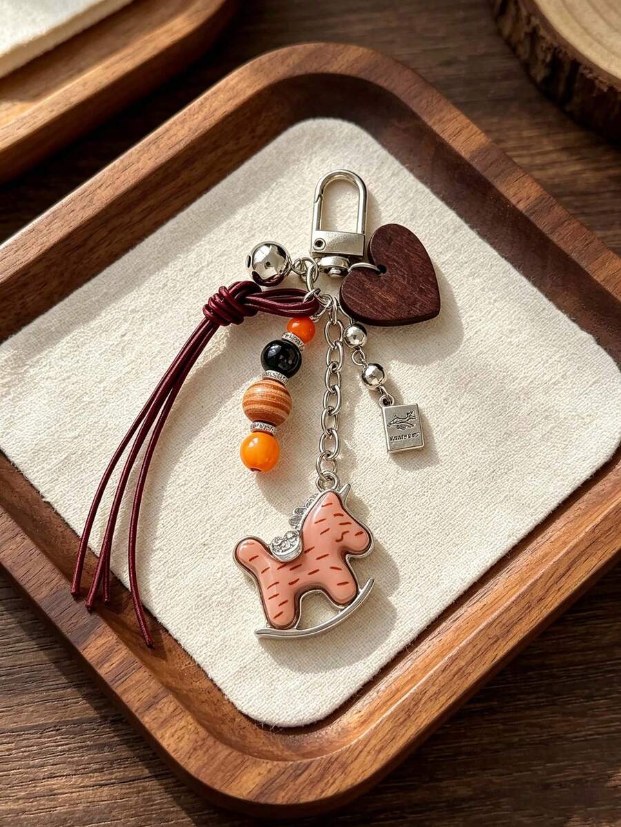 Vintage Wooden Horse Heart Keychain, Handmade Beaded Leather Rope Pendant, Versatile Bag Charm Accessory Small Gift, Suitable For Backpack Charm, Daily Bag Decoration, Holiday Party Gift, Back To School Gift, Women's Keychain, Car Keychain, Keychain Making Materials, Men's Keychain, Backpack Charm Keychain, Keychain, Keychain Pendant, Keychain Coin Purse, Bulk Keychains, Keychain Set, Keychain Accessories - Multicolor - View 1