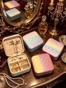 1pc Portable Travel Mini Jewelry Box, Leather Jewelry Ring Storage Box, Gradient Color Grid Storage Box, Gift Box, Jewelry Box, Meets Daily Jewelry Storage And Travel Needs, Mini Storage Box Can Be Shared With Family, Convenient For Daily Use. - Multicolor - View 1