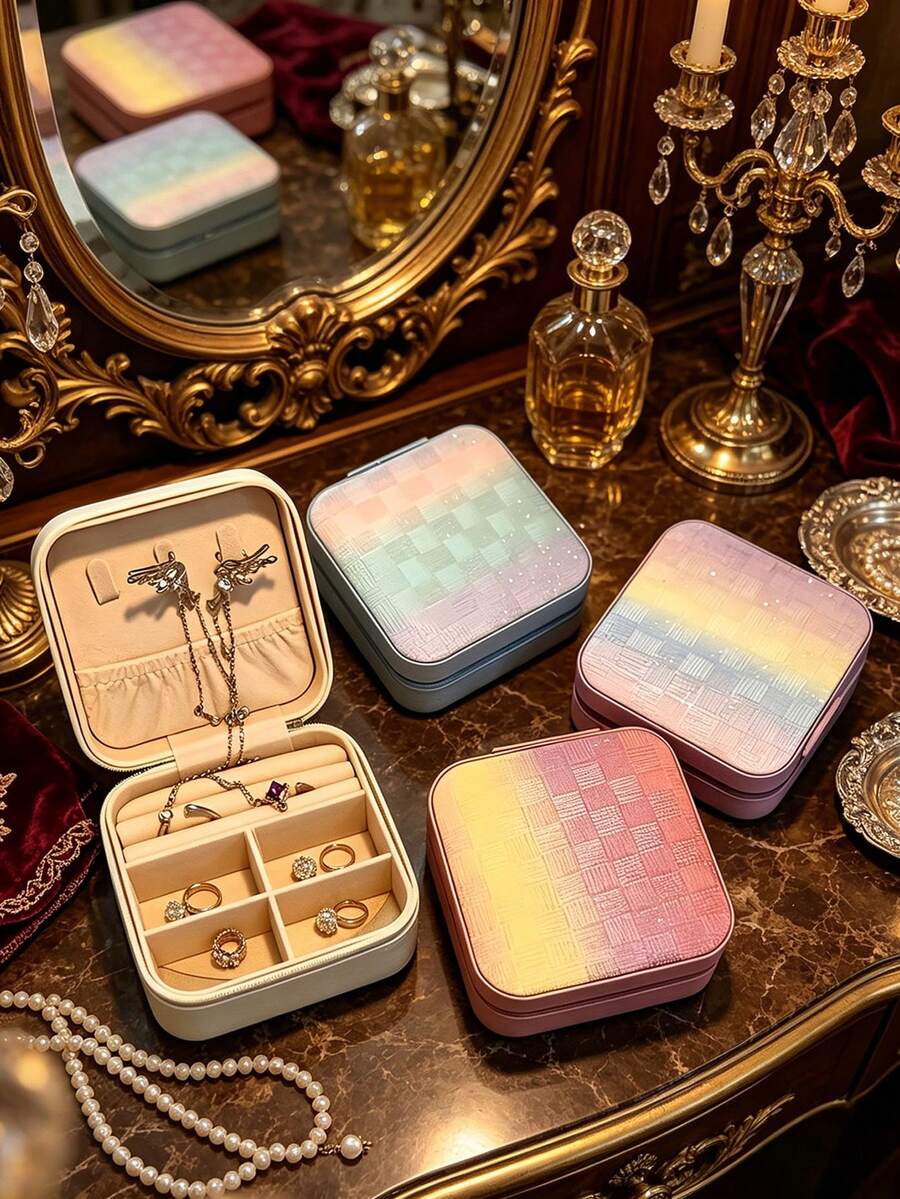 1pc Portable Travel Mini Jewelry Box, Leather Jewelry Ring Storage Box, Gradient Color Grid Storage Box, Gift Box, Jewelry Box, Meets Daily Jewelry Storage And Travel Needs, Mini Storage Box Can Be Shared With Family, Convenient For Daily Use. - Multicolor - View 1