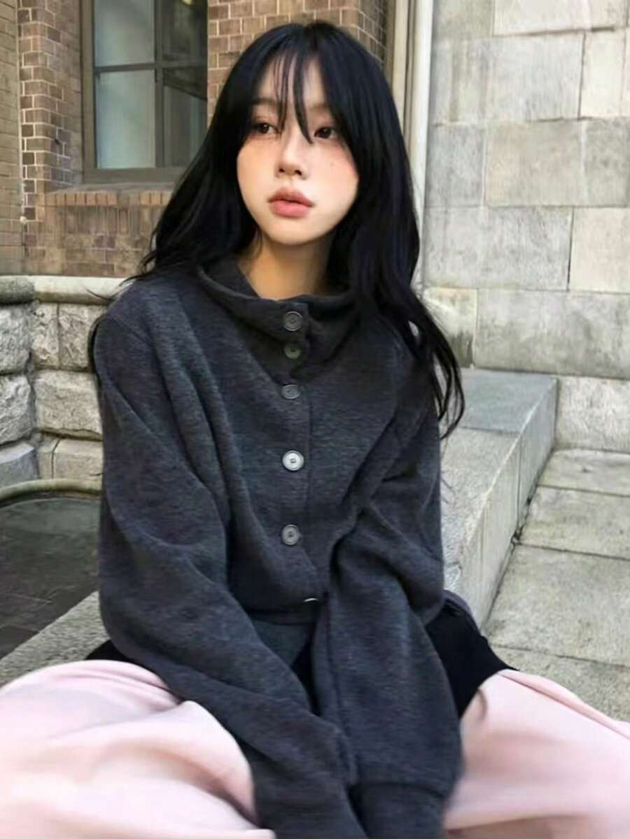 Áo cardigan len dệt kim nữ tay dài cổ cao thắt dây cài nút phong cách thường ngày - Màu xám đen - Xem 1