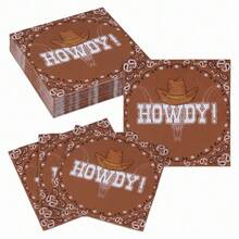 20/40/60 Pcs,Howdy Cowboy Disposable Paper Dinner Napkins,Brown Western Cowboy Hat Bull Skull Bandana Print Dessert Tissues,2-Ply Decorative Cocktail Napkins,For Wild West Theme Party,Country Birthday,Rodeo Party,Western Table Decor,6.5*6.5 Inch - Multicolor - View 1