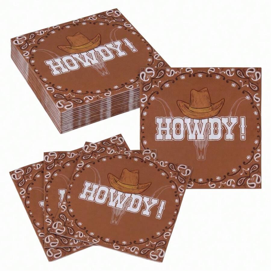 20/40/60 Pcs,Howdy Cowboy Disposable Paper Dinner Napkins,Brown Western Cowboy Hat Bull Skull Bandana Print Dessert Tissues,2-Ply Decorative Cocktail Napkins,For Wild West Theme Party,Country Birthday,Rodeo Party,Western Table Decor,6.5*6.5 Inch - Multicolor - View 1