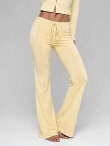 Women's Casual Solid Color Long Straight Leg Pants With Medium Stretch - Yellow - View 4