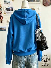 Women's Loose-Fit Cotton Hooded Sweatshirt With Pockets For Autumn And Winter, Perfect For Casual, Street-Style And Sportswear Looks - Blue - View 2