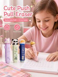 1 Set Retractable Eraser With 2 Replacement Cores, Cute Cartoon Pencil Eraser, Low-Debris Cleaning Eraser, Suitable For Children, Kindergarten And School Supplies - Multicolor - View 1