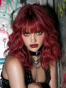 AKAKO 12 Inch Burgundy Short Wavy Wig, Water Wave Curly Bob Wigs With Full Bangs, Fluffy Synthetic Heat-Resistant Fiber Hair Halloween Costume Wig For Cosplay Wear, Music Festival, Carnival Party Use - Burgundy - View 5