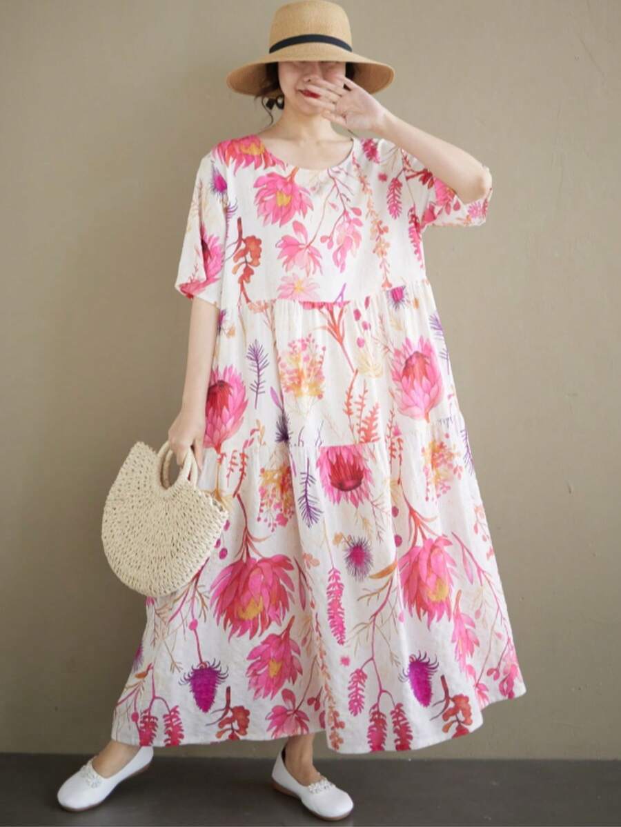 AZAH 2026夏季大尺碼女款波希米亞風印花長洋裝,附口袋,短袖圓領休閒睡裙,粉紅色 - 粉色 - 查看 1