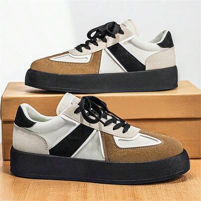Men's Breathable Cushioned Thick Sole Line Patchwork Round Toe Low-Top Lace-Up Thick Heel Chunky Sneakers Spring Autumn Mesh Sports Sneakers